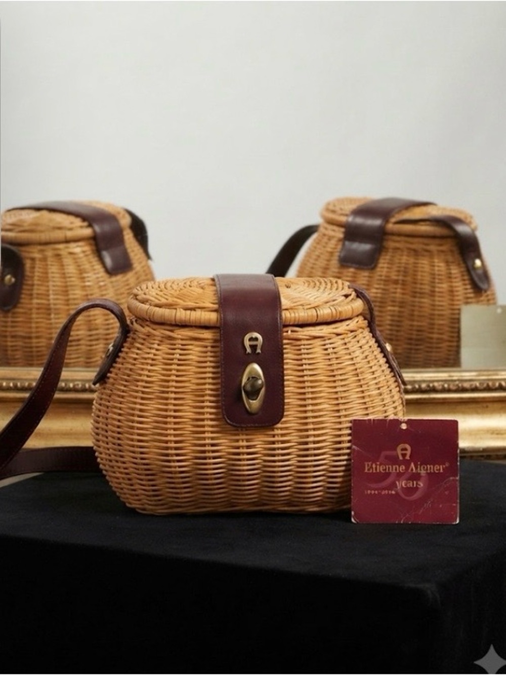 Etienne Aigner Tan Wicker Shoulder Bag with Brown Leather Trim and Gold Hardware